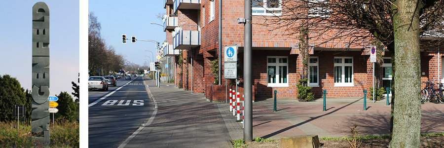 Bildcollage mit Ortsschild Langenfeld und Hausansicht der Praxis